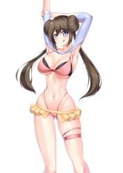 1girls bb61 blue_eyes bra breasts brown_hair curvaceous female female_only high_cut_bottomwear looking_at_viewer microskirt pokemon rosa_(pokemon) solo twin_buns twintails white_background