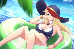 1girls berkana big_breasts bikini_top blonde_hair hat mega_man mega_man_x on_water outdoors reploid robarts_hallway swimsuit tube