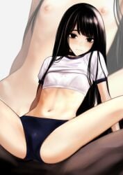 black_eyes black_hair blood_alone blue_buruma blush bra breasts buruma clitoris closed_mouth clothes_lift female highres long_hair looking_at_viewer misaki_minato multiple_views navel nipples ribs shirt shirt_lift sitting small_breasts spread_legs takano_masayuki thighs underwear very_long_hair white_bra white_shirt