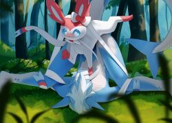 2_penises absurd_res anal anal_sex animal_genitalia animal_penis anthro blush diphallia diphallism dominant dominant_male dominant_pokemon duo eeveelution feral fiber_(fiberr) fish forest forest_background generation_6_pokemon genitals girly hemipenes hi_res male male/male marine multi_genitalia multi_penis nature nature_background nintendo penetration penis pinned pinned_to_ground plant pokemon pokemon_(species) shark steel_cat sylveon tree