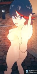 3d ass black_hair blue_eyes breasts completely_nude completely_nude_female erect_nipples exhibitionism feet fefreak726 female female_only kill_la_kill looking_at_viewer matoi_ryuuko middle_finger naked nipples nude outside public public_nudity solo tagme walking