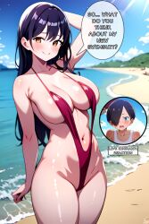 1boy 1girls ai_generated big_breasts bikini black_hair blush boku_no_kokoro_no_yabai_yatsu breasts curvaceous curvy english_text hi_res ichikawa_kyoutarou large_breasts sling_bikini slingshot_swimsuit solo standing straight swimsuit vercetti wide_hips yamada_anna