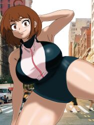 big_ass big_breasts big_butt boku_no_hero_academia brown_eyes brown_hair city cityscape day huge_ass huge_breasts my_hero_academia new_york ochako_uraraka ochako_uraraka_(hero_outfit) posing smile smiling superheroine thick_thighs uraraka_ochako