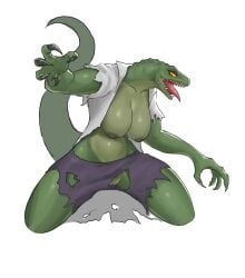 big_breasts bottomwear breasts claws clothing coat female genderswap genderswap_(mtf) genitals green_nipples hi_res humanoid im51nn5 kneeling lab_coat labcoat lizard marvel nipples pussy reptile rule_63 scalie sharp_teeth shorts spider-man_(series) teeth the_lizard_(marvel) tongue tongue_out topwear torn_clothing