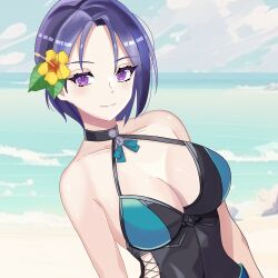 1girls absurdres alternate_costume black_choker black_one-piece_swimsuit black_swimsuit blue_one-piece_swimsuit breasts choker female female female_only fire_emblem fire_emblem:_three_houses fire_emblem_heroes flower hair_flower hair_ornament halterneck highres hip_vent large_breasts looking_at_viewer n_54 nintendo official_alternate_costume one-piece_swimsuit purple_eyes purple_hair shamir_nevrand shamir_nevrand_(summer) smile solo swimsuit two-tone_swimsuit upper_body