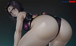 1girls ai_generated belt bodysuit dat_ass dc dc_comics female female_only grey_skin huge_ass kishi leotard looking_at_viewer patreon presenting_ass purple_eyes rachel_roth raven_(dc) solo teen_titans voluptuous wide_hips