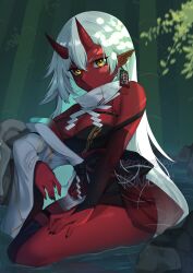 akumi female oni oni_horns red_skin scars virtual_youtuber vyugen white_hair yellow_eyes