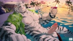 1boy abs absurdres alternate_costume alternate_hairstyle animal_ears arknights bara bare_pectorals blue_eyes cup dendryte_axxon drinking_glass erection facial_hair feet_out_of_frame furry furry_male goatee green_male_swimwear hair_slicked_back hawaiian_shirt highres holding holding_cup large_hands large_pectorals looking_at_viewer male male_focus male_swimwear male_swimwear_aside mountain_(arknights) muscular muscular_male nipples open_clothes open_shirt palm_tree partially_submerged pectorals penis pool precum precum_drip scar scar_across_eye shirt short_hair solo stomach sunset swim_briefs tail thick_eyebrows tiger_boy tiger_ears tiger_tail tree white_fur white_hair wine_glass