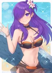 1girls bare_shoulders bikini black_bikini black_swimsuit breasts cleavage closed_mouth female female_only fire_emblem fire_emblem:_three_houses fire_emblem_heroes fire_emblem_warriors:_three_hopes flower hair_flower hair_ornament hair_over_one_eye highres large_breasts long_hair looking_at_viewer nintendo official_alternate_costume oyusame purple_hair red_trim shez_(female)_(fire_emblem) shez_(female)_(summer)_(fire_emblem) shez_(fire_emblem) smile solo sparkle surfboard swimsuit waving whistle white_flower