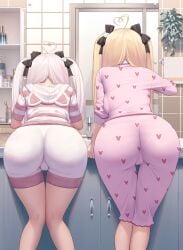 2girls absurd_res ass blonde_hair breasts bubble_butt clothed dat_ass female indoors large_ass light-skinned_female light_skin long_hair niliu_chahui original original_character pajamas thick_thighs tokisaki_asaba tokisaki_mio twintails white_hair