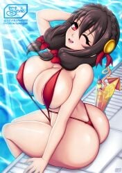 1girls ass bare_shoulders big_ass big_breasts big_butt bikini black_hair blush bow breasts brown_hair bubble_ass bubble_butt butt_crack fat_ass from_above from_behind hair_ornament hairbow highres huge_ass huge_breasts kono_subarashii_sekai_ni_shukufuku_wo! large_ass large_breasts leotard long_hair looking_at_viewer one-piece_swimsuit one_eye_closed open_mouth red_eyes sevie shiny_skin slingshot_swimsuit smile solo swimsuit thick_ass thick_thighs thong thong_bikini voluptuous wink yunyun_(konosuba)