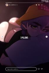 1girls anime_girl anime_style big_ass black_shirt blush braid brown_panties bubble_butt cute epic_games face_down_ass_up female fortnite green_eyes hat hiding_behind_object human instagram lilatole long_hair low_lighting mae_(fortnite) nice_ass panties partially_clothed pillow purple_hair seductive selfie shiny_skin shirt solo text texting thick_ass thin_waist underwear watermark