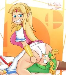 2girls artist_name ass blonde_hair blue_eyes clothed clothing company_connection crossover elf_ears facesitting female female_only green_eyes green_hair kid_icarus long_blonde_hair long_green_hair long_hair multiple_girls nintendo palutena panties princess_zelda sideboob super_smash_bros. the_legend_of_zelda the_legend_of_zelda:_a_link_between_worlds unshoto yuri zelda_(a_link_between_worlds)