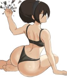 1girls aged_up annoyed arched_back arm_support ass ass_focus avatar_legends avatar_the_last_airbender bangs bare_arms bare_legs barefoot bikini black_bikini bubble_butt earth_kingdom earthbending feet green_eyes hair_bun hair_over_eyes half_naked legs_folded long_hair looking_to_the_side pinup rakeemspoon rear_view rock sitting sitting_on_floor soles solo solo_female swimsuit swimwear the_legend_of_korra thick_thighs toes tomboy toph_bei_fong two_piece_swimsuit wedgie