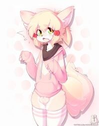 2023 anthro balls bottomless canid canine clothed clothing cute_fangs emanata eyebrows fingers fur genitals green_eyes hi_res hoodie hoodie_(artist) legwear mammal open_mouth pink_clothing pink_hoodie pink_topwear solo squish teeth text thigh_highs thigh_squish thighhighs tongue topwear url