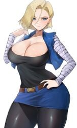 1girls android android_18 android_girl big_breasts blonde_female blonde_hair blue_eyes bob_cut breasts busty child_bearing_hips cleavage clothed curvaceous curves curvy curvy_body curvy_female curvy_figure curvy_hips dragon_ball dragon_ball_z female female_only fully_clothed hair_flip hand_on_hip hips huge_breasts kataku_musou large_breasts revealing_clothes solo thick thick_thighs thighs wide_hips