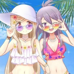 2girls adjusting_eyewear adjusting_glasses adjusting_sunglasses aika_himena alexandra_kurusu artist_request beach bikini blonde_hair breasts female female_focus female_human female_only hat high_resolution highres human human_only kurusu_alexandra long_hair looking_at_viewer looking_over_eyewear looking_over_glasses looking_over_sunglasses magia_record:_mahou_shoujo_madoka_magica_gaiden magical_girl mahou_shoujo_madoka_magica medium_hair orange-tinted_eyewear outdoors outside pink_eyes puella_magi_madoka_magica purple-tinted_eyewear purple_eyes purple_hair short_hair sunglasses swimsuit tinted_eyewear yuri