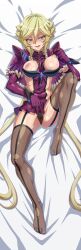 aged_up bed_sheet blonde_hair blue_eyes breasts breasts_out carol_malus_dienheim clothing_cutout elbow_gloves feet female garter_straps gloves highres large_breasts leotard long_hair looking_at_viewer lying mole mole_under_eye nipples on_back purple_gloves purple_leotard ribs senki_zesshou_symphogear shiny_skin side_cutout sideless_outfit skindentation smile solo spread_pussy_under_clothes sweat syunzou thighhighs toes