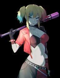 1girls 2023 baseball_bat big_breasts blonde_hair blue_eyes blue_hair choker cleavage dc dc_comics female female_only harley_quinn harley_quinn_(suicide_squad_isekai) light-skinned_female light_skin looking_at_viewer multicolored_hair navel pale-skinned_female pale_skin red_hair solo solo_female solo_focus suicide_squad suicide_squad_isekai thick_thighs twintails wide_hips