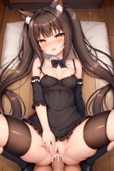 ai_generated brown_hair cat_ears catgirl chocola_(sayori) cleavage cum_in_pussy dress_lift high_resolution highres laying_down long_hair neko nekopara twintails vaginal_penetration vaginal_sex young