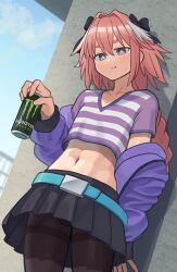 1boy androgynous astolfo_(fate) belly_button bokky0w0 bulge cock_bulge crossdressing crotch_bulge fate/grand_order fate_(series) femboy feminine_male jacket looking_at_viewer male midriff monster_energy monster_energy_drink penis pink_hair shirt skirt smile