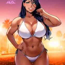 bikini bikini_bottom bikini_top black_hair breasts molkaink_(artist) muscular muscular_arms muscular_female tan tanned tanned_body tanned_female tanned_girl tanned_skin