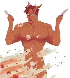 2_horns big_pecs brown_body brown_hair brown_skin cake convenient_censorship cutlery demon demon_humanoid dessert drawfee drawfee_(copyright) food fork hair holding_fork holding_knife holding_object horn horned_humanoid humanoid karina_farek kitchen_utensils knife luce_(karina_farek) male male_only muscular muscular_humanoid muscular_male navel nipples not_furry nude pecs short_hair smile solo sprinkles tools