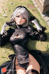 ai_generated artsbuyu black_dress black_headband black_legwear blue_eyes breasts female gloves headband large_breasts legwear lying nier nier:_automata nier_(series) on_back short_hair solo stable_diffusion thighhighs white_hair yorha_2b