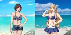 2girls 4thanysc alluring beach bikini bikini_shorts bikini_skirt blonde_hair blue_bikini blue_eyes blue_sky blue_swimsuit breasts brown_eyes brown_hair cleavage emilie_de_rochefort female female_only frenemies fully_clothed kazama_asuka long_hair namco navel ocean pin_up short_hair sokloeum tekken tekken_5_dark_resurrection tekken_7 tekken_8 tekken_tag_tournament_2