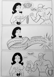 assisted_exposure black_and_white boobs breasts cleavage comic dc_comics dialogue exposed_breasts flash lasso lasso_of_truth looking_at_viewer simong1234 stripped super_speed superheroine surprised the_flash the_flash_(series) tiara tits topless topless_female wonder_woman wonder_woman_(series)