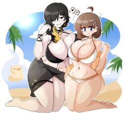 2girls beach binah dankestsin embarrassed hair_ornament hod_(lobotomy_corporation) huge_breasts large_ass library_of_ruina mature_female mole multiple_girls project_moon swimsuit wide_hips