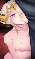 1boy 1girls breast_squish byleth_(fire_emblem) byleth_(fire_emblem)_(male) censored completely_nude completely_nude_female double_bun edelgard_von_hresvelg fellatio fire_emblem fire_emblem:_three_houses grimmelkin horns imminent_fellatio imminent_oral imminent_sex large_breasts nude oral penis post-timeskip purple_eyes sex smile white_hair