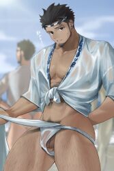 1boy ass_hair bara beard dark-skinned_male dark_skin eyebrow_cut facial_hair feet_out_of_frame fundoshi goburin_second hachimaki harumi_(goburin_second) headband highres japanese_clothes large_pectorals leg_hair looking_at_viewer male_focus male_pubic_hair muscular muscular_male nipples original pectorals pubic_hair pubic_hair_peek see-through shirt short_hair solo testicle_peek tied_shirt wet wet_clothes wet_fundoshi