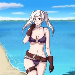 1girls 4thanysc alluring alternate_costume beach belt bikini brown_gloves cleavage female fire_emblem fire_emblem_awakening fire_emblem_heroes gloves long_hair navel necklace nintendo official_alternate_costume purple_bikini purple_swimsuit robin_(fire_emblem) robin_(fire_emblem)_(female) silver_hair sokloeum thigh_strap twintails