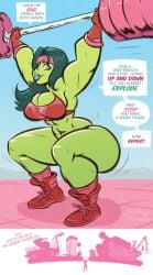 abs boots cleavage dialogue gamma_cutie gloves green_hair green_skin headband hugotendaz lifting_weights muscular muscular_female salvadora_(comic) sports_bra thick_thighs thighs weightlifting weights