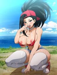 1girls arm_between_legs artist_name backwards_hat baseball_cap beach between_legs bikini black_hair blue_shorts blue_sky blush boku_no_hero_academia breasts cloud collarbone cum cum_on_body cum_on_breasts cum_on_clothes cum_on_hands cum_on_legs female female_only full_body hair_pulled_back hand_between_legs hand_up hat highleg highleg_panties highres horizon itskawer kaw3r kawery large_breasts licking licking_cum licking_finger licking_hand long_hair micro_bikini momo_yaoyorozu my_hero_academia nipples outdoors panties ponytail red_bikini red_footwear red_headwear shoes shorts signature sky sneakers solo squatting swimsuit thighhighs twintails undersized_breast_cup underwear white_thighhighs yaoyorozu_momo