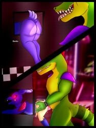 2boys alligator bigger_male bunnysuit costume five_nights_at_freddy's fnaf gay jeremy_fitzgerald male/male male_dominating_male montgomery_gator_(fnaf) oc scalie small_penis smaller_male stuck_in_wall yaoi