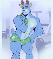 1boy absurd_res animal_crossing animal_crossing_boy animal_crossing_pocket_camp anthro bam_(animal_crossing) blue_body breasts deer digital_drawing_(artwork) digital_media_(artwork) don_conej0 drawing gay genitals gym_clothing hi_res lgbt_pride male mammal muscular muscular_male nintendo penis sex solo solo_male young