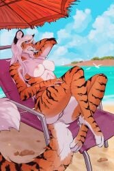 absurd_res anthro beach beach_chair blue_eyes breasts clothing felid female fur genitals hair hi_res lynjox mammal multicolored_body multicolored_fur nipples nude pantherine parasol posing_for_picture presenting presenting_pussy pussy sand sea seaside smile smiling_at_viewer solo striped_body striped_fur stripes sukena sun_lounger swimwear tail tiger two_tone_body two_tone_fur water white_body white_fur white_hair