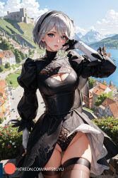 ai_generated artsbuyu black_dress black_headband black_legwear black_panties blue_eyes gloves headband large_breasts legwear light_blush nier:_automata panties short_hair stable_diffusion surprised thighhighs white_hair yorha_2b