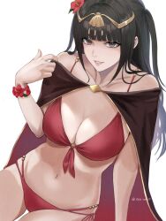 1girls alternate_costume bikini black_cape black_hair breasts cape cleavage female female female_only fire_emblem fire_emblem_awakening fire_emblem_heroes flower hair_ornament hibiscus highres long_hair looking_at_viewer navel nintendo o-ring o-ring_bikini official_alternate_costume red_bikini red_swimsuit smile solo swimsuit tharja_(fire_emblem) tharja_(summer)_(fire_emblem) tiara tori_art07 two-tone_cape white_background