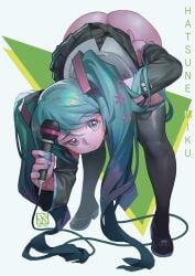 ass ass_up bent_over blue_hair blue_nails casual_nudity edit female hatsune_miku highres huge_ass long_hair microphone no_panties poch4n skirt solo star_(symbol) thighhighs twintails underwear vocaloid