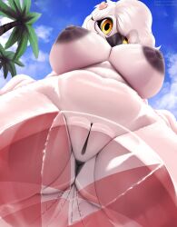 anthro avian ball beach_ball big_breasts bird breasts female genitals hair hi_res inflatable jasmine_(jcsm) nipples nude pussy solo thick_thighs thousandfoldfeathers translucent white_hair