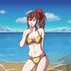 1girls 4thanysc alluring alternate_costume anna_(fire_emblem) anna_(fire_emblem_awakening) beach bikini breasts cleavage female female_only fire_emblem fire_emblem_awakening medium_breasts medium_hair multicolored_bikini multicolored_swimsuit navel nintendo ocean official_alternate_costume ponytail red_bikini red_hair red_swimsuit sokloeum solo swimsuit yellow_bikini yellow_swimsuit