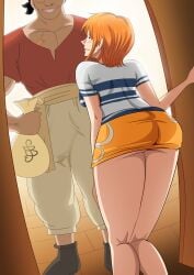 anime_style ass big_ass female male money nami no_panties one_piece orange_hair phil96art pre-timeskip short_hair thighs