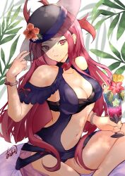 1girls alternate_costume atoatto bare_shoulders black_headwear blue_one-piece_swimsuit blue_swimsuit breasts cleavage clothing_cutout dress dress_swimsuit female female female_only fire_emblem fire_emblem_engage fire_emblem_heroes flower hat ivy_(fire_emblem) ivy_(summer)_(fire_emblem) large_breasts long_hair looking_at_viewer mole mole_under_mouth navel nintendo official_alternate_costume one-piece_swimsuit purple_eyes purple_hair solo stomach stomach_cutout swimsuit