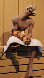 1boy 3d elmamoru junkrat limb male_only overwatch prosthetic prosthetic_arm sauna towel_around_waist