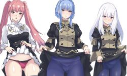 3girls :o angry ascot ass_visible_through_thighs blue_hair blush braid breasts brown_eyes buttons cameltoe closed_mouth clothes_lift commentary_request crown_braid embarrassed female female_only fire_emblem fire_emblem:_three_houses frown garreg_mach_monastery_uniform highres hilda_valentine_goneril large_breasts latte_daruta2 lifted_by_self long_hair long_sleeves looking_at_viewer lysithea_von_ordelia marianne_von_edmund medium_breasts multiple_girls nintendo panties pantyhose pantylines pink_eyes pink_hair pink_panties puffy_sleeves simple_background skirt skirt_lift small_breasts sweatdrop thighs twintails underwear uniform very_long_hair white_ascot white_background white_hair