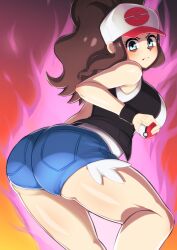 1girls ass ass_focus baseball_cap big_ass big_breasts blue_eyes blue_shorts booty_shorts bottomwear breasts brown_hair clothing dat_ass female female_only game_freak hair hat headwear hilda_(pokemon) huge_ass looking_back nekokan_meiro pokeball pokemon pokemon_bw ponytail short_shorts shorts solo solo_female thick_thighs thighs topwear