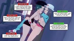 2girls 3d 3d_(artwork) blue_socks breasts clothed clothed_sex dangling_shoe dirty_talk exhibitionism kneehighs koikatsu leaf_(pokemon) lesbian_sex loose_socks naughty_face naughty_smile nipples outdoor_sex outdoors pinned_to_wall pokemon rocket_grunt shoe_dangle socks team_rocket team_rocket_grunt team_rocket_grunt_(female) the_devillust topless yuri